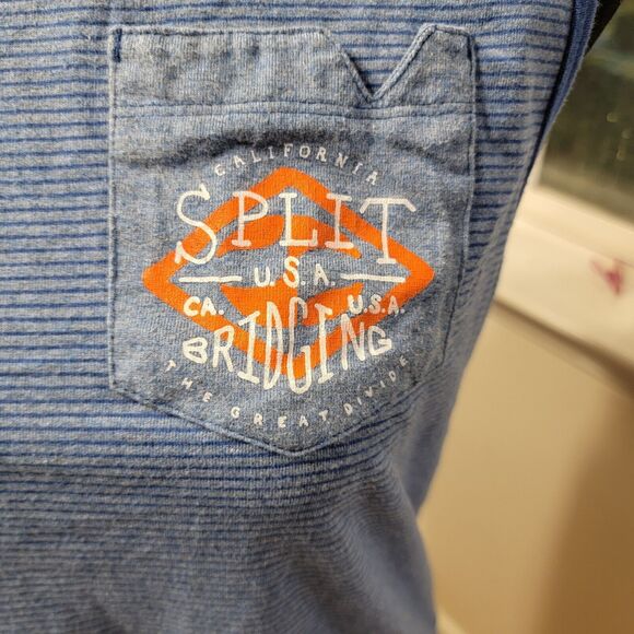 Womens Split Tank Top Blue Stripes Pocket With Orange Text Size Medium‎ - Picture 2 of 7